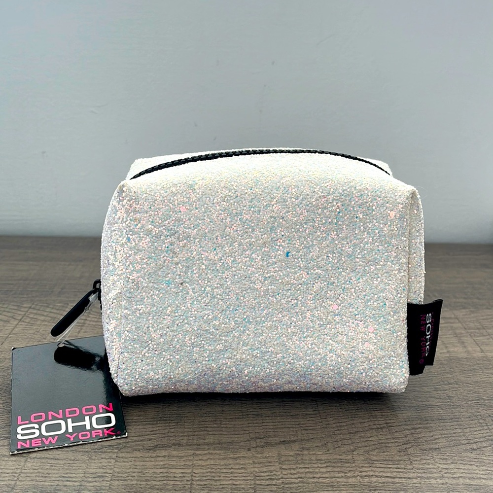 London SOHO New York White Glitter Makeup Bag